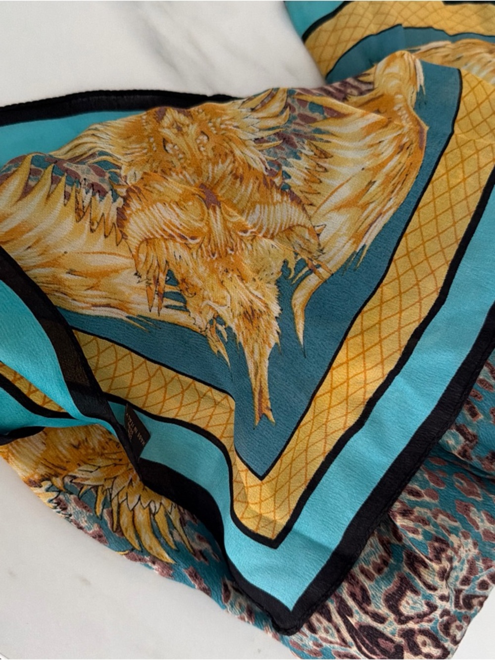 Vintage Silk Scarf Made In Italy Leopard Animal Print Turquoise Gold 66 X 25 - Picture 7 of 7